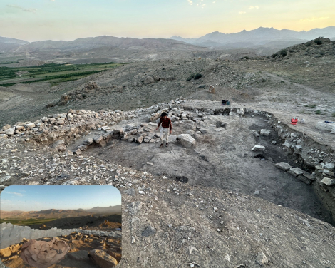 The Ararat Plain Southeast Archaeological Project site. What exists in the real world, and (small photo) the view from within the MR headset, where both a grey stone wall and a brown pottery vessel are virtually visible in their original positions, even though they were actually removed a year earlier. (Photo credit: HKU Faculty of Arts)